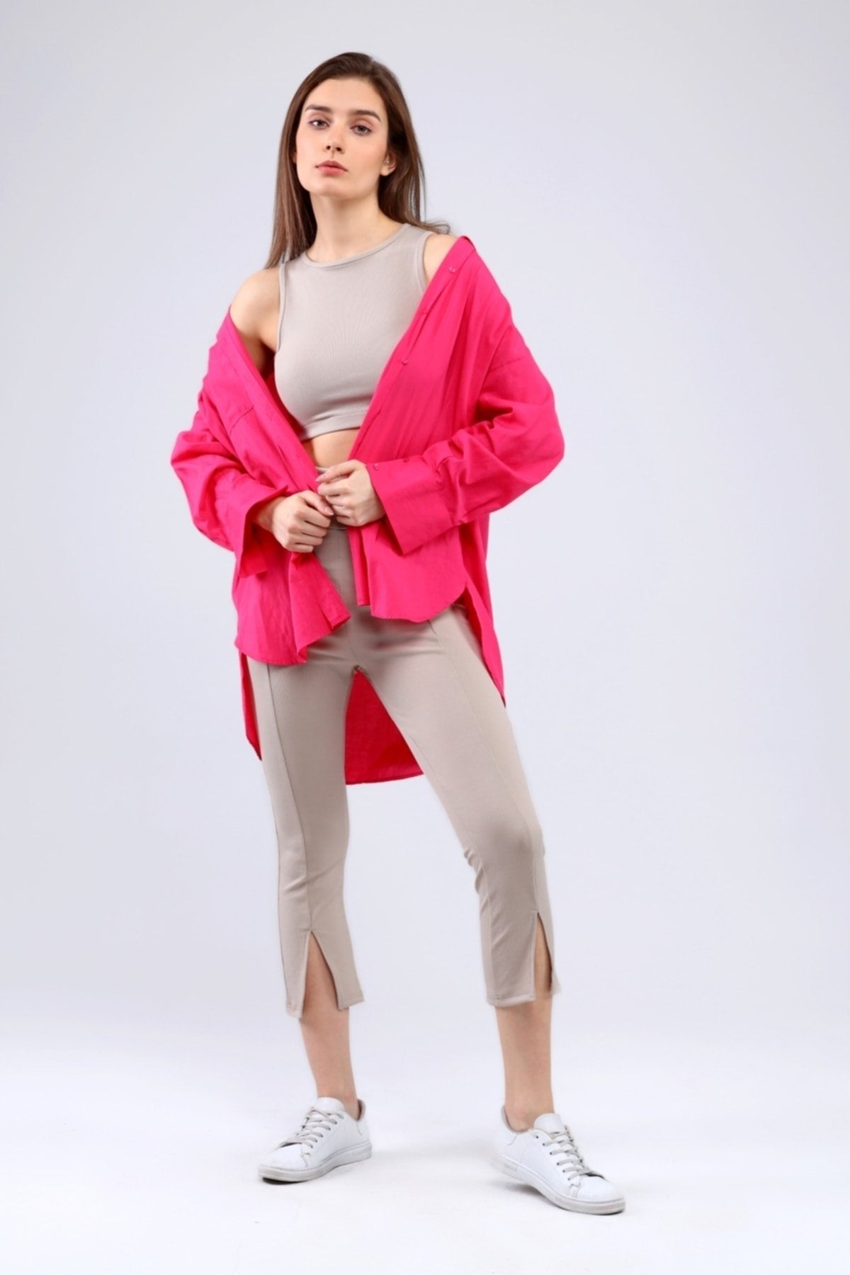 Lacivert Fitilli Kısa Paça Ön Yırtmaçlı Yüksek Bel Toparlayıcı Tayt