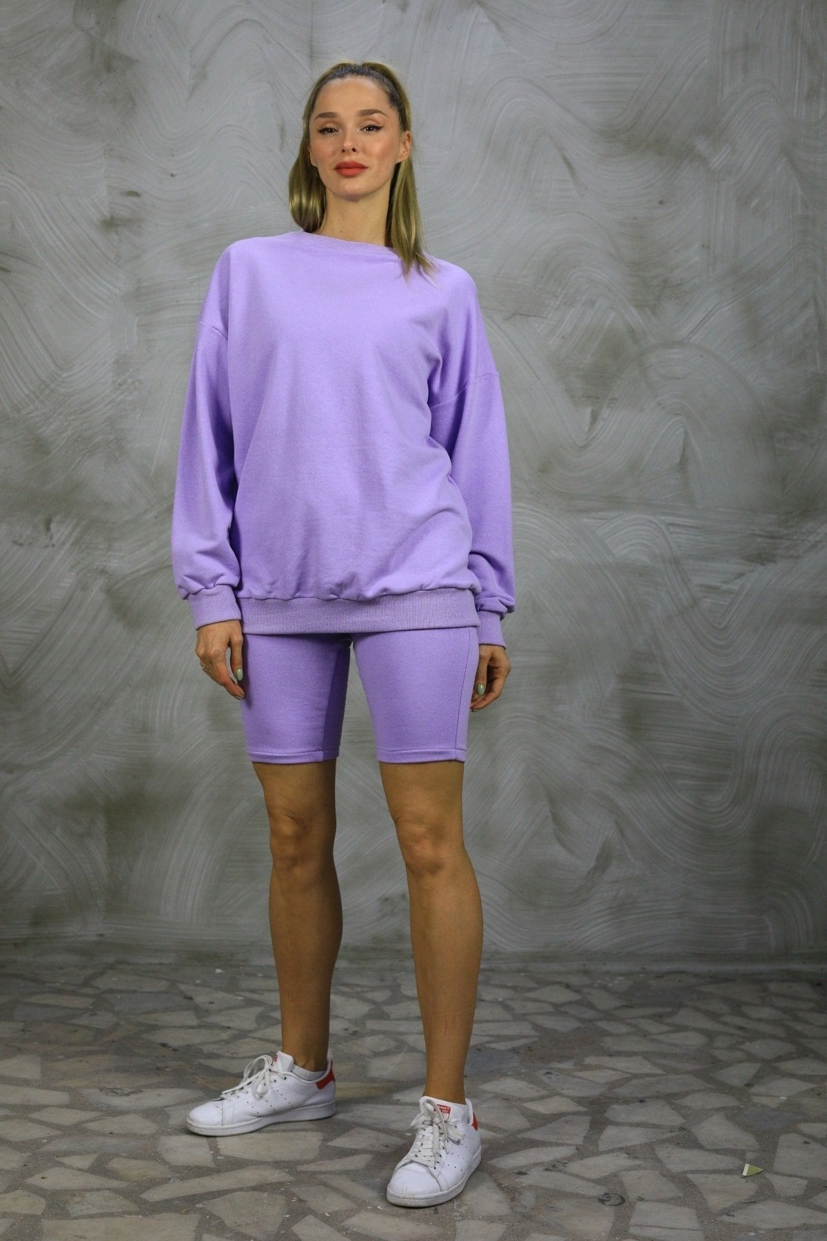 Kadın Gri Yüksek Bel Üç Iplik Şardonlu Biker Şort