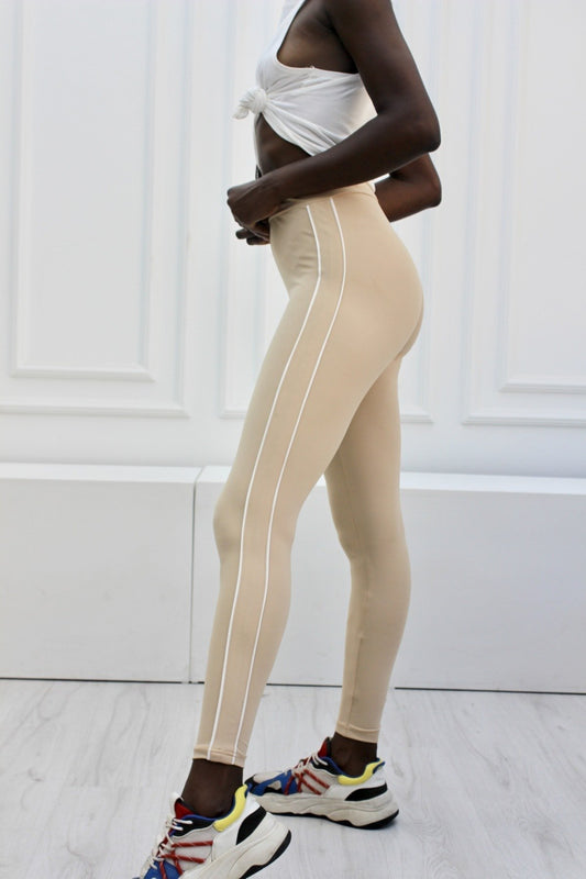 Bej Yanı Beyaz Biyeli Yüksek Bel Toparlayıcı Tayt