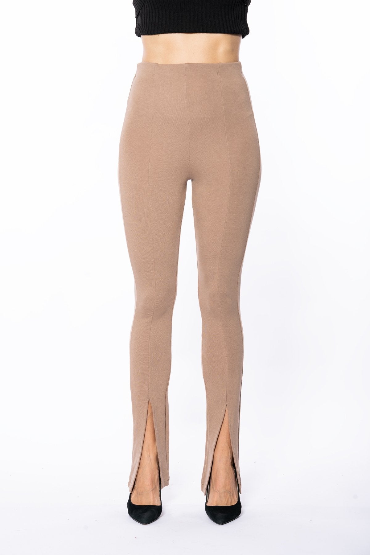Bej Yüksek Bel Önü Yırtmaçlı Bol Paça Toparlayıcı Tayt