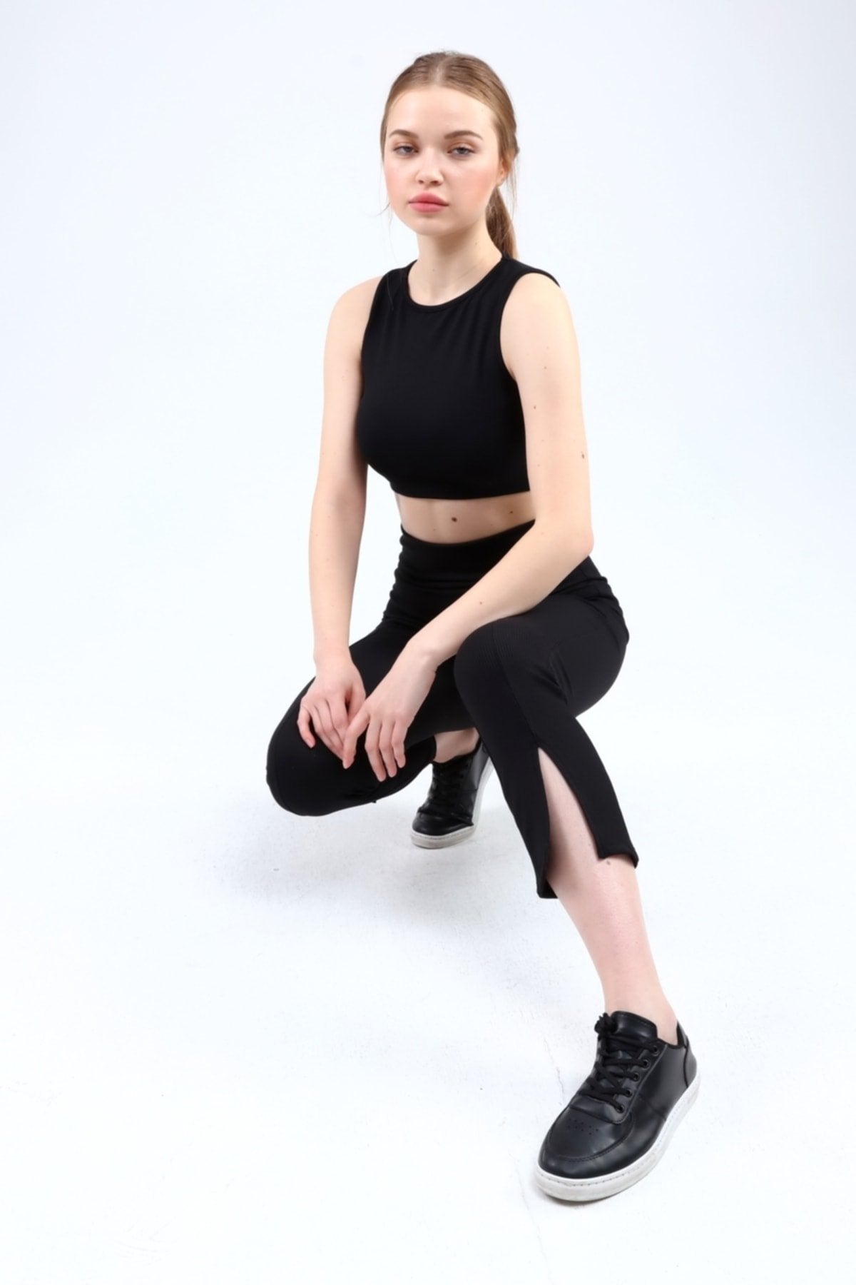 Lacivert Fitilli Kısa Paça Ön Yırtmaçlı Yüksek Bel Toparlayıcı Tayt