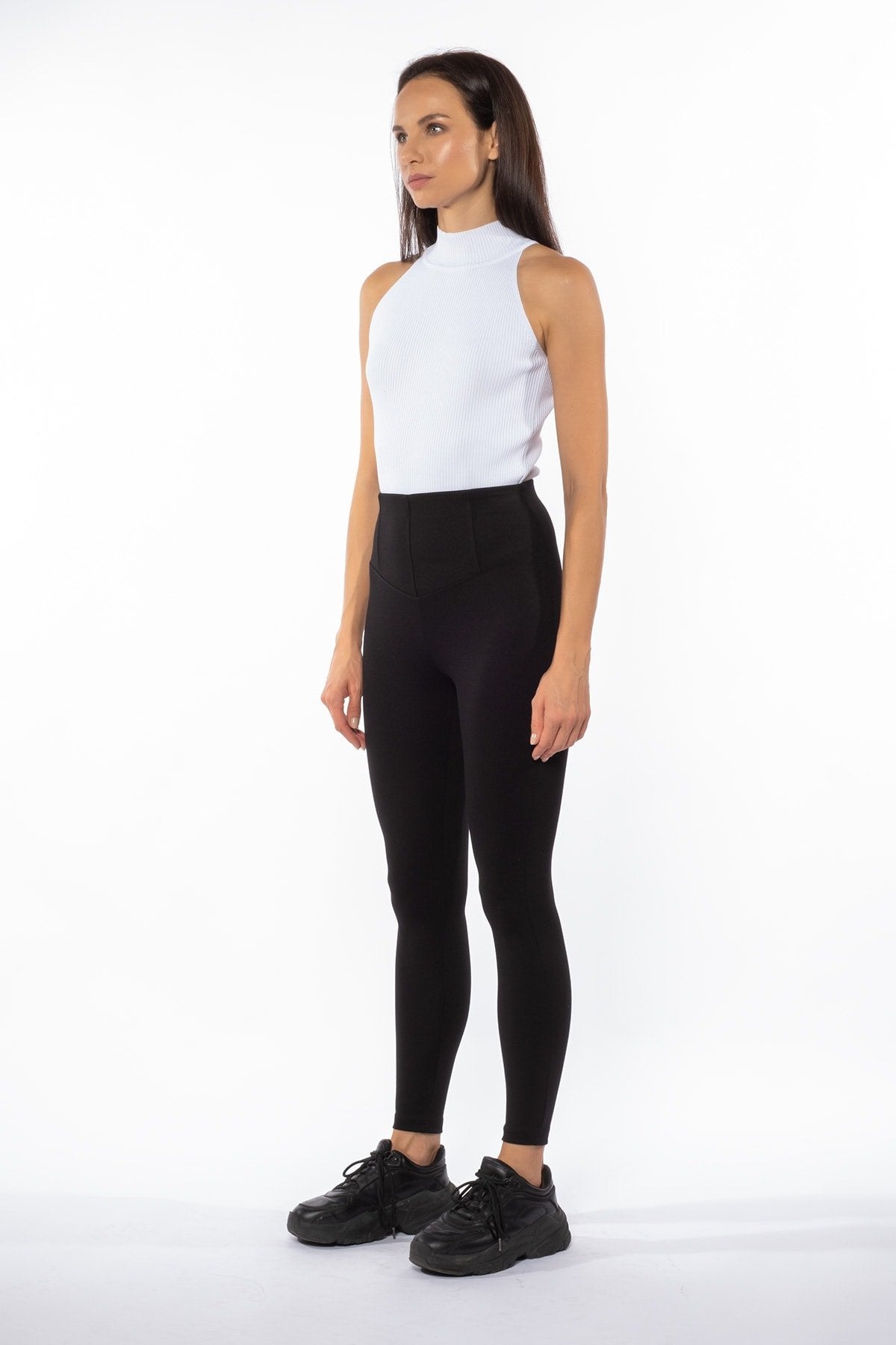 Siyah Kemeri Dikiş Detaylı Yüksek Bel Kışlık Örme Toparlayıcı Tayt