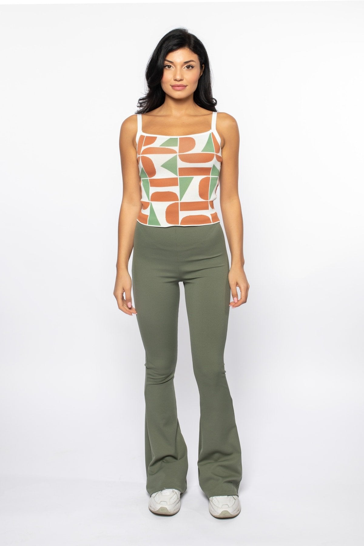 Haki Fitilli Ispanyol Paça Yüksek Bel Toparlayıcı Örme Tayt