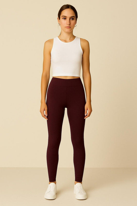 Bordo Yüksek Bel Toparlayıcı Tam Boy Örme Spor Tayt