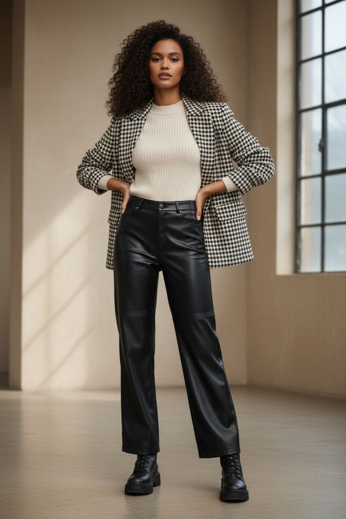 Relaxed Boru Paça Dikiş Detaylı Deri Pantolon