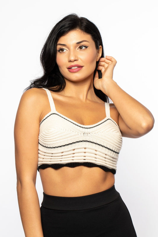 Krem Örgü Detaylı Crop Triko Bluz