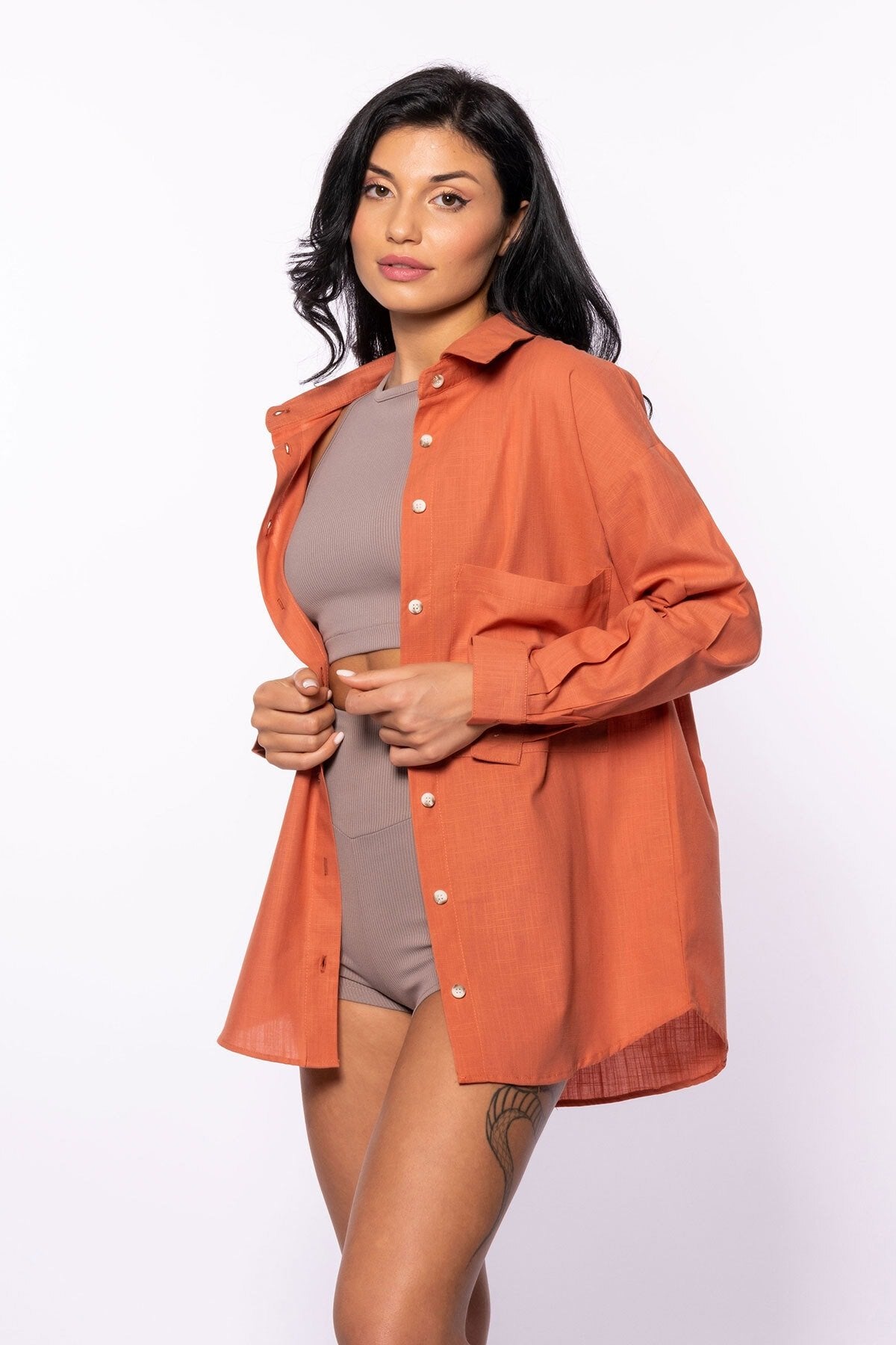 Pembe Keten Oversize Gömlek