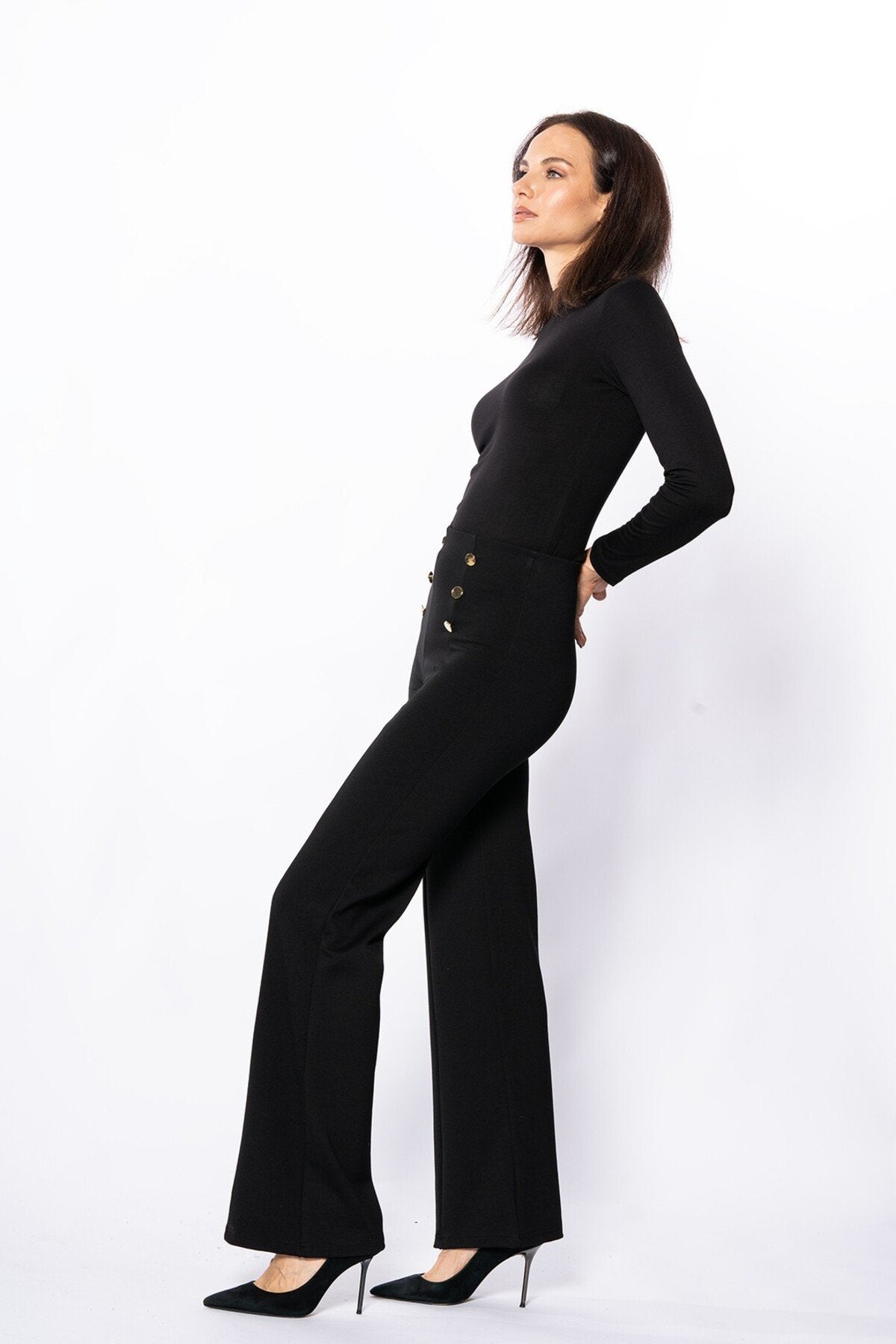 Gold Düğme Çıma Detaylı Geniş Kesim Pantolon