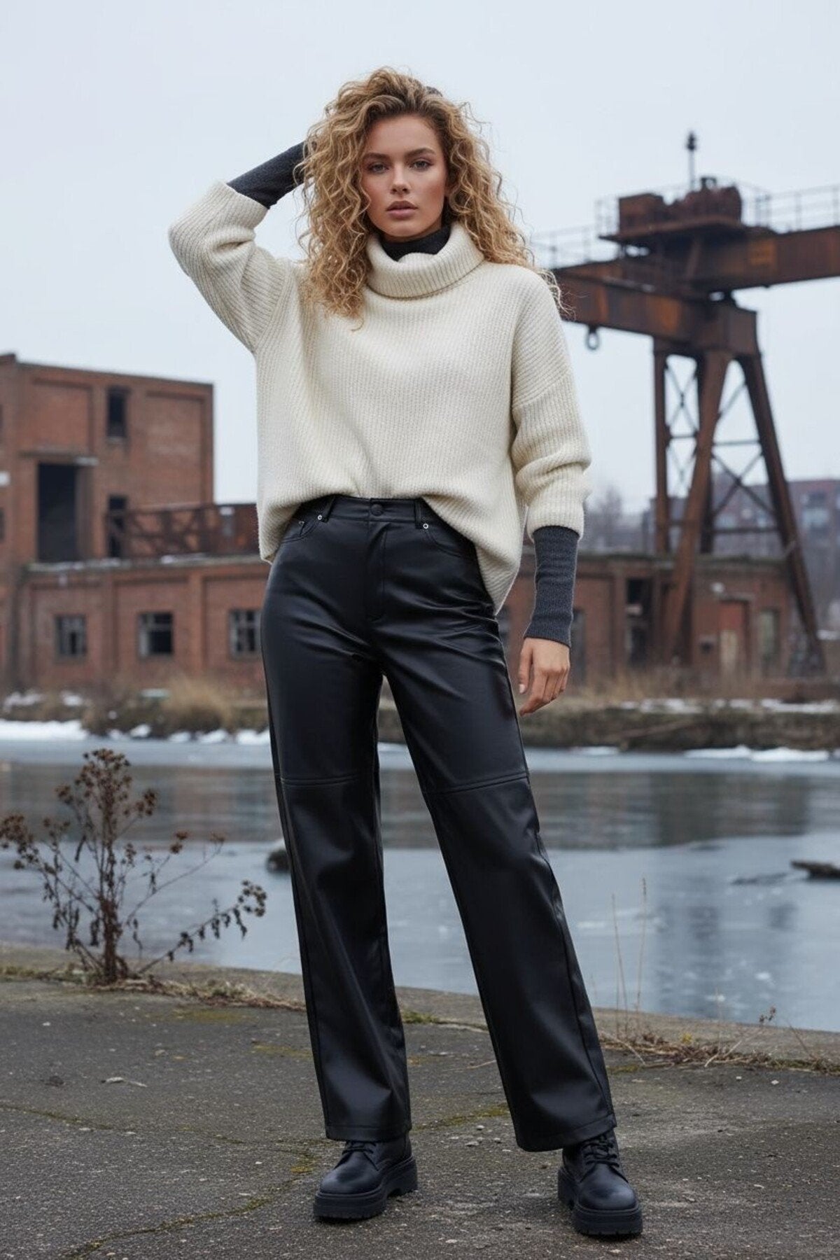 Relaxed Boru Paça Dikiş Detaylı Deri Pantolon