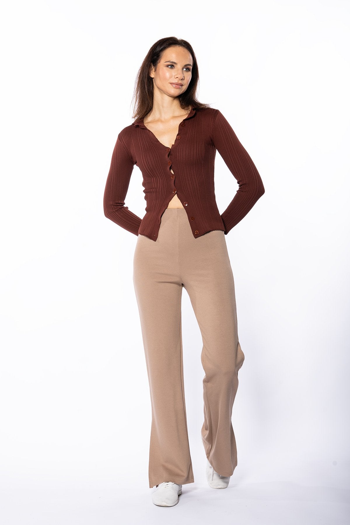 Bej Yüksek Bel Yan Yırtmaçlı Ispanyol Paça Toparlayıcı Tayt