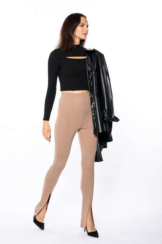 Bej Yüksek Bel Önü Yırtmaçlı Bol Paça Toparlayıcı Tayt