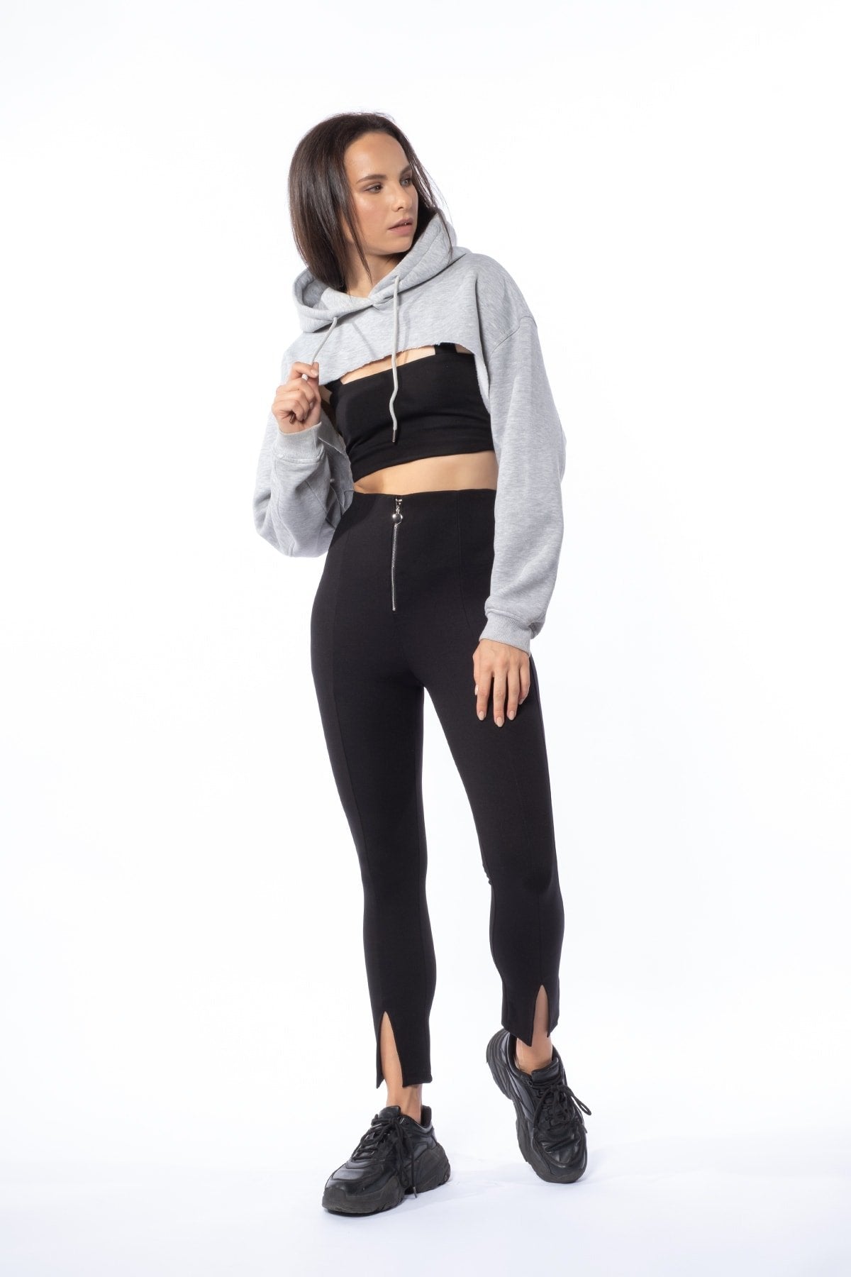 Siyah Fermuar Detaylı Paçaları Yırtmaçlı Toparlayıcı Kışlık Örme Tayt